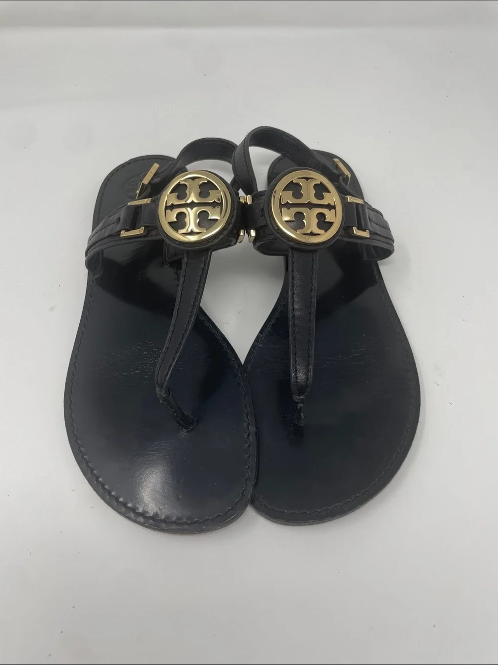 Tory Burch Cassia Black Thong Sandals Gold Logo Size 9.5